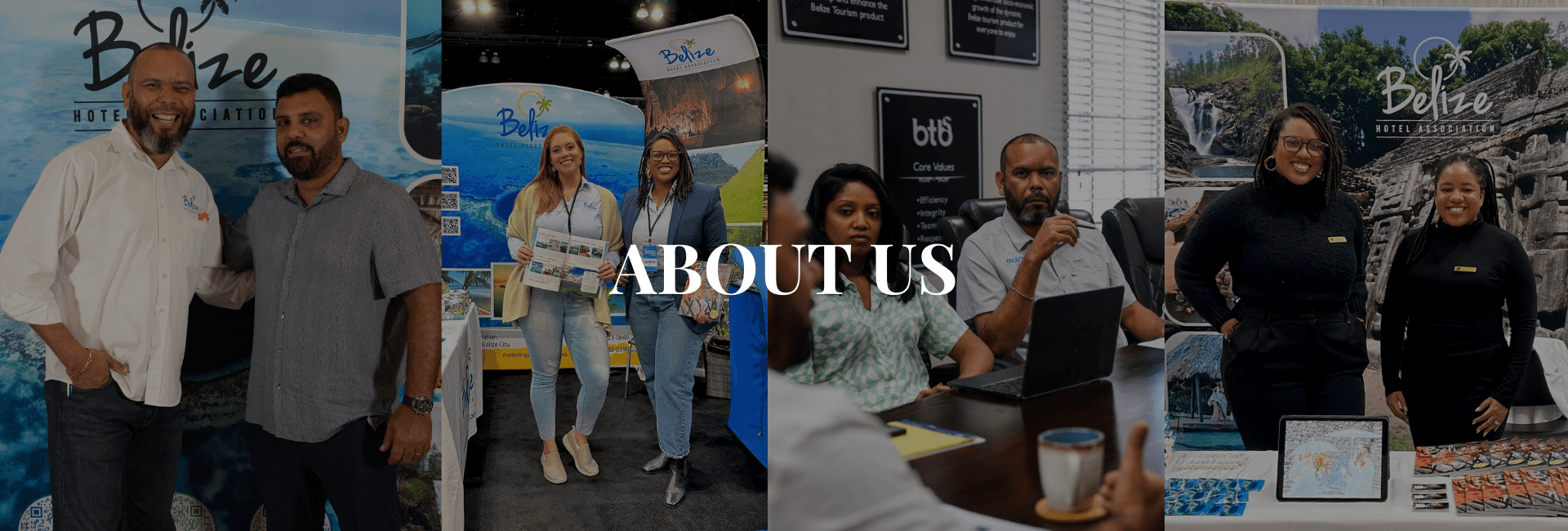 A collage of diverse professionals at the Belize Hotel Association showcasing their services and teamwork.