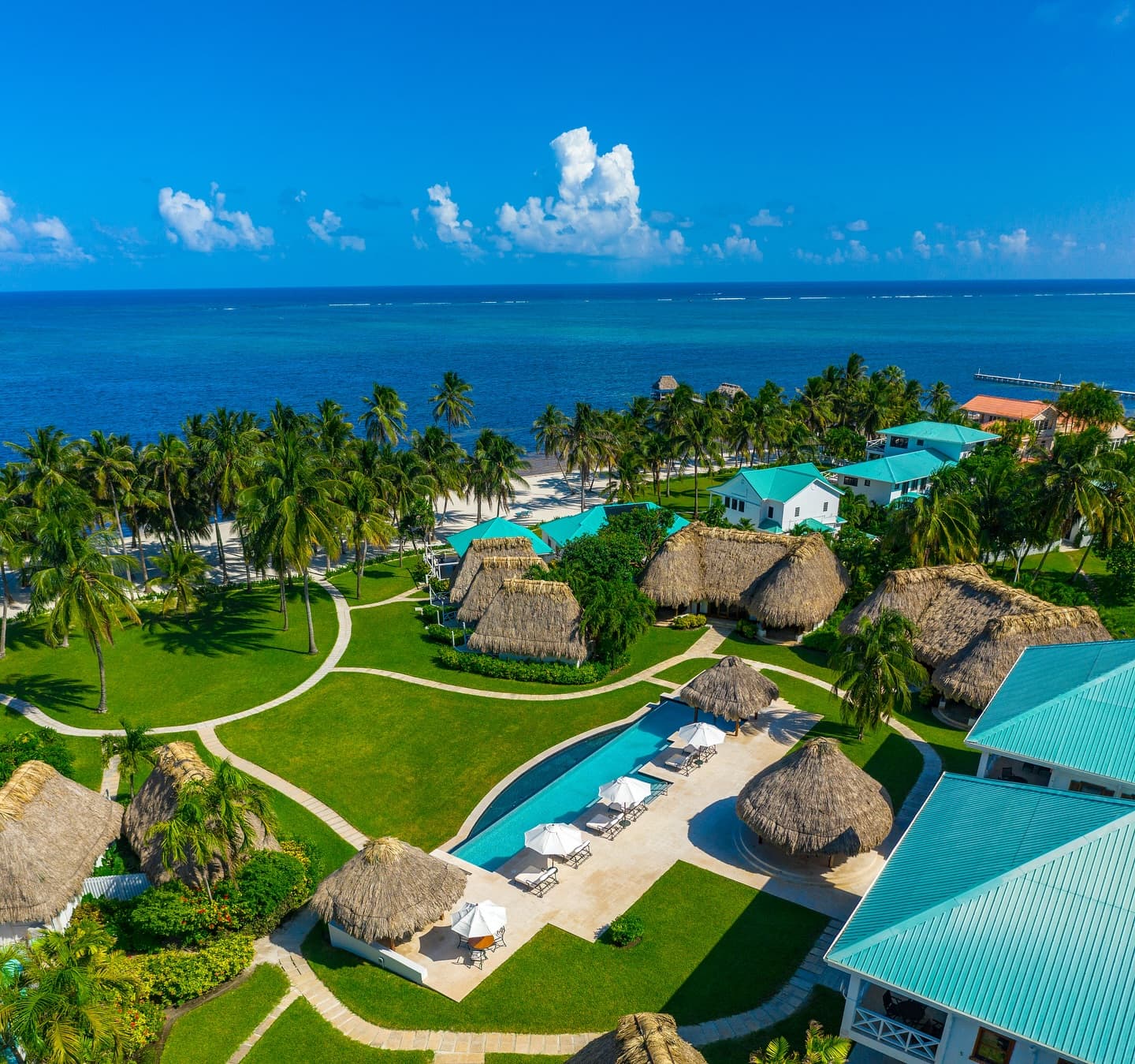Aerial view of a tropical resort with thatched-roof huts, palm trees, and a pool beside the ocean.