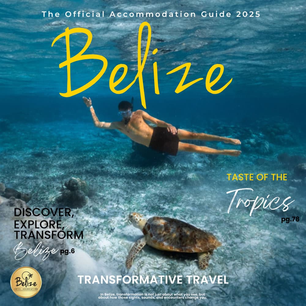 A person snorkeling underwater near a turtle in Belize, with the text "Belize" prominently displayed.